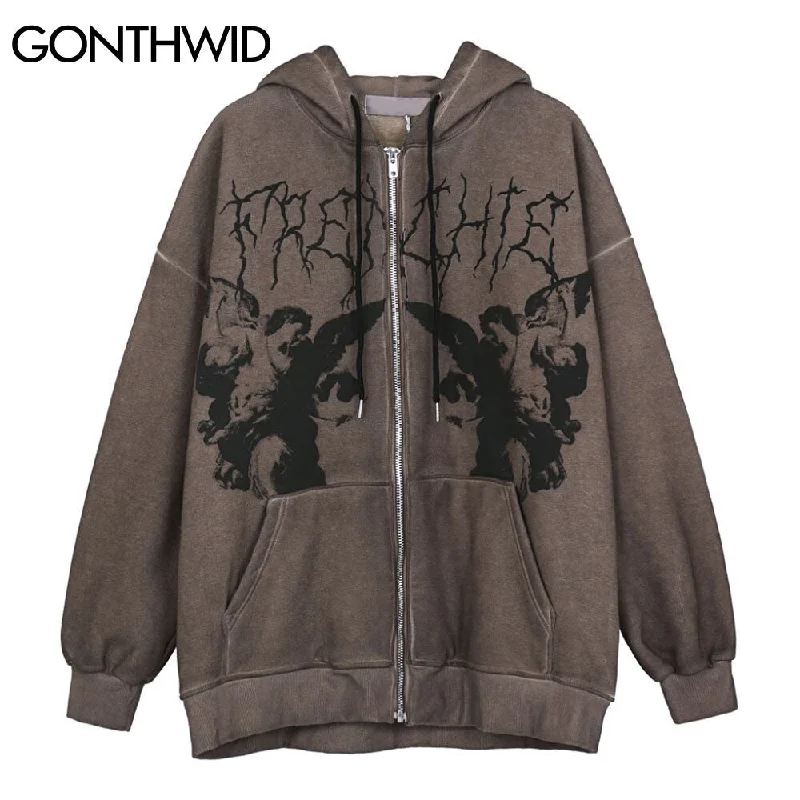 GONTHWID Fleece Hooded Jackets Streetwear Casual Graffiti Angel Print Letter Embroidery Harajuku Hip Hop Men Coat Tops Outwear