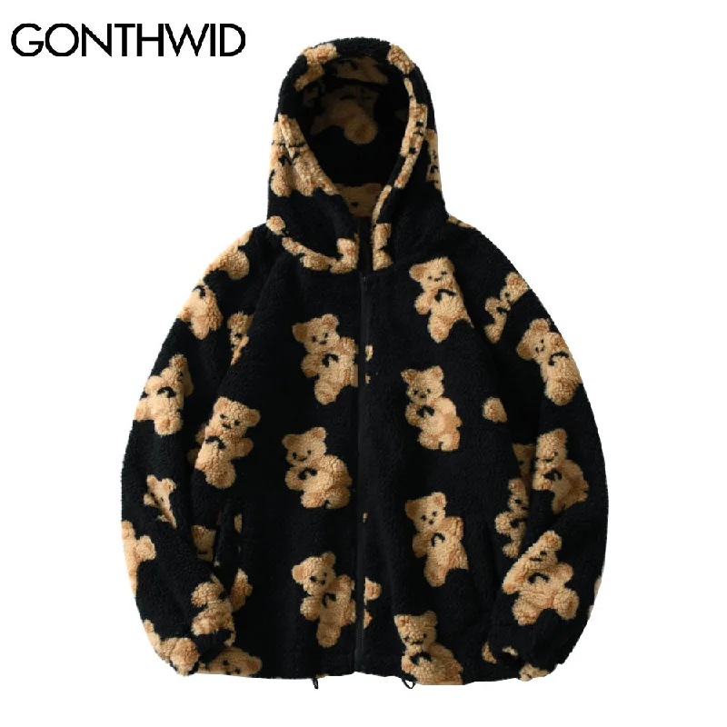 GONTHWID Fleece Hooded Jackets Streetwear Casual Harajuku Hip Hop Men Women Bear Print Full Zip Hooded Coat Tops Outwear