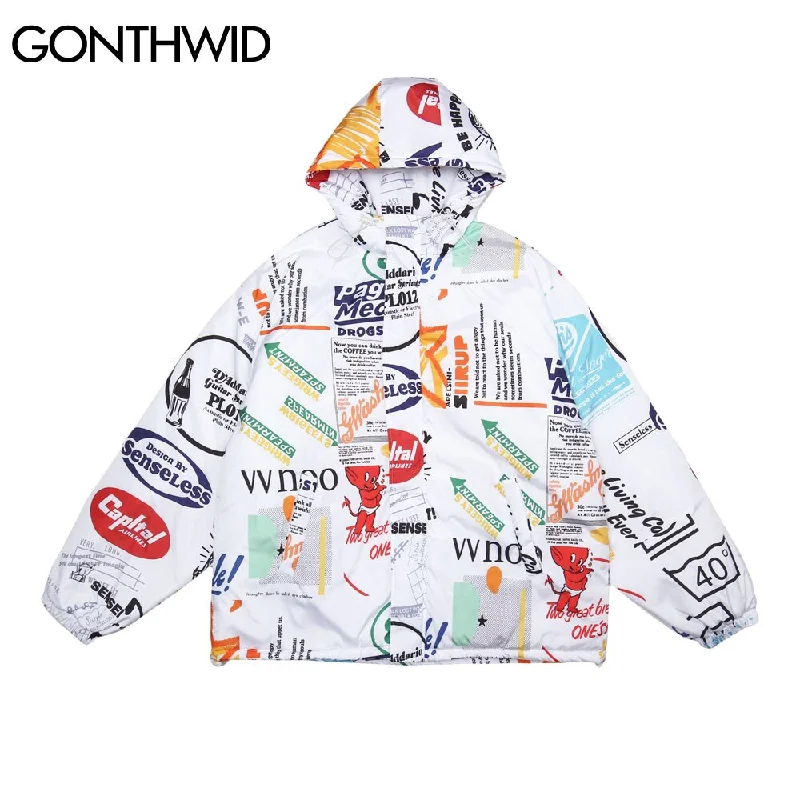 GONTHWID Graffiti Devil Poster Print Zipper Hooded Cotton Padded Jackets Streetwear Men Women Coats Hip Hop Harajuku Casual Tops