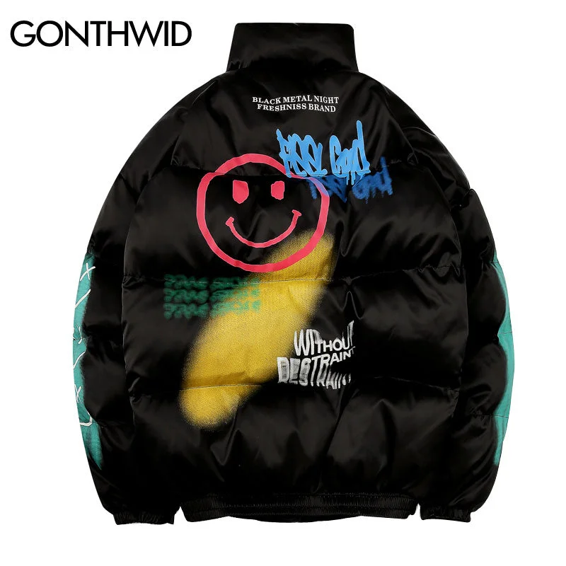 GONTHWID Graffiti Print Puffer Cotton Padded Parkas Streetwear Hip Hop Casual Thick Warm Jackets Coats Hipster Winter Co