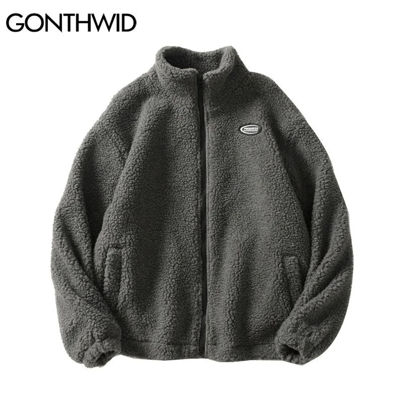 GONTHWID Harajuku Streetwear Fleece Jackets Solid Color Casual Loose Full Zipper Coats Hip Hop Winter Loose Warm Tops