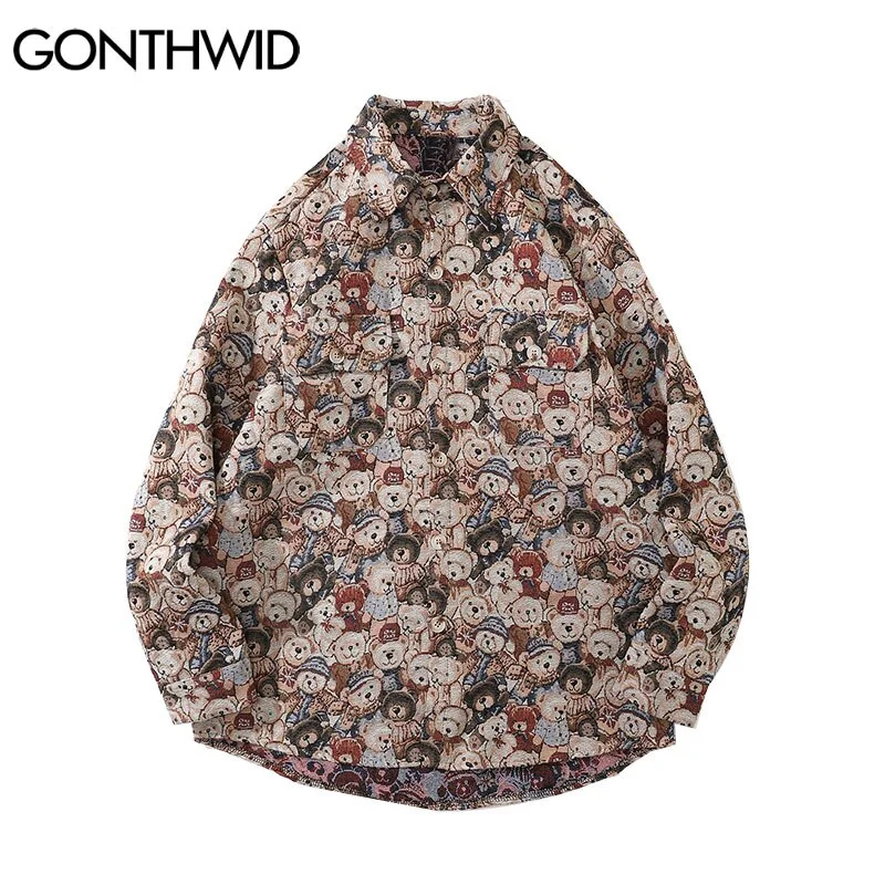 GONTHWID Harajuku Streetwear Shirts Coats Cartoon Bear Casual Button Blouse Jacket Hip Hop Loose Casual Long Sleeve Tops