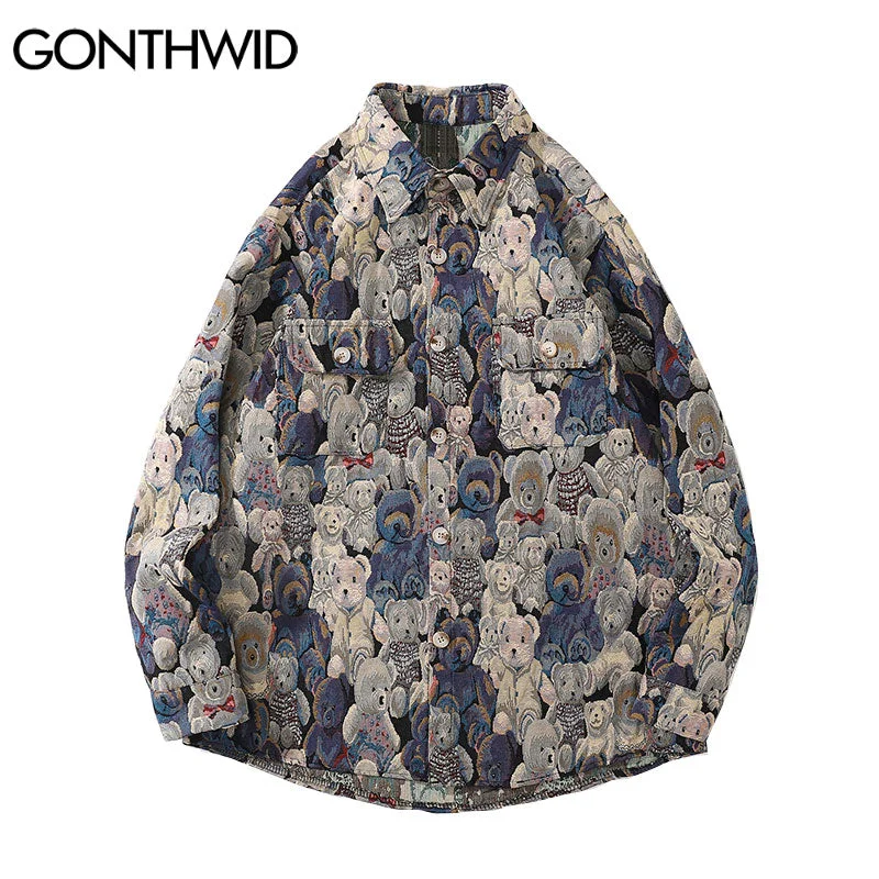 GONTHWID Harajuku Streetwear Shirts Coats Cartoon Bear Front Pockets Jackets Hip Hop Casual Men Loose Button Blouse Tops