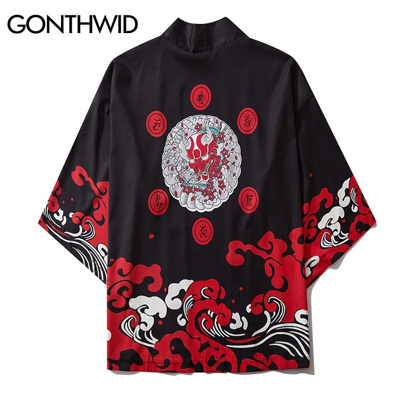 GONTHWID Japanese Devil Print Kimono Cardigan Shirts Casual Open Front Coats Streetwear Harajuku Hip Hop Jackets Summer Tops Men