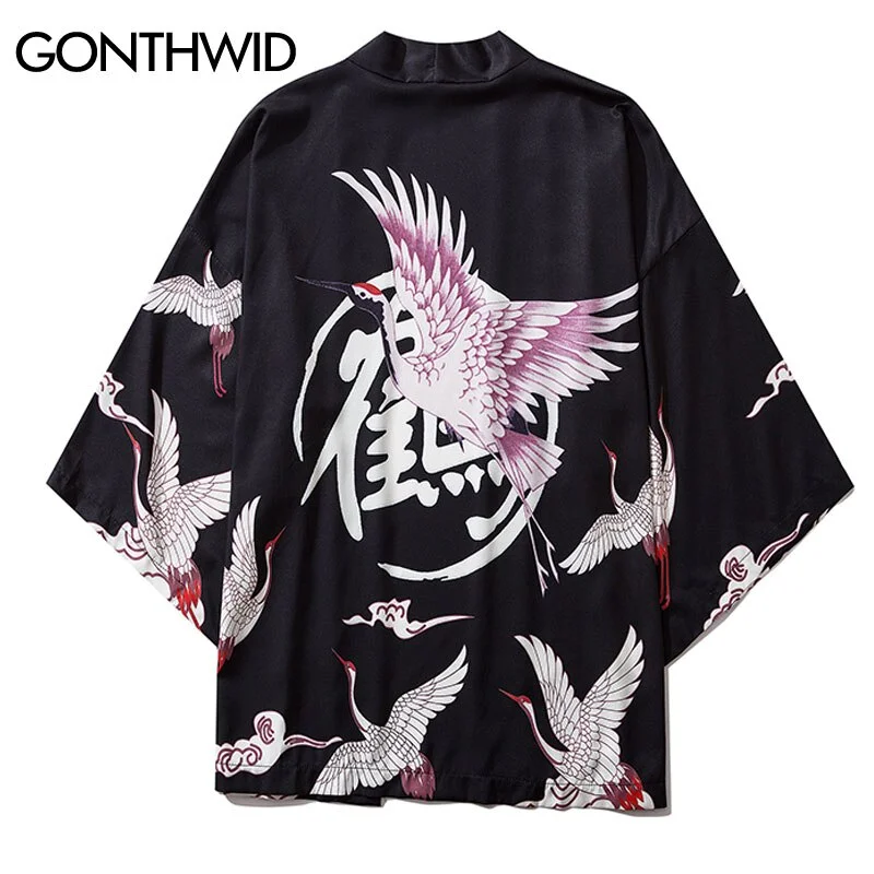 GONTHWID Japanese Style Cranes Print Kimono Cardigan Jackets Coat Tops Hip Hop Harajuku Casual Streetwear Jacket Coats