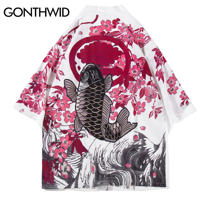 GONTHWID Koi Carp Fish Cherry Blossoms Flowers Print Japanese Kimono Cardigan Jackets Streetwear Hip Hop Harajuku Casual Tops