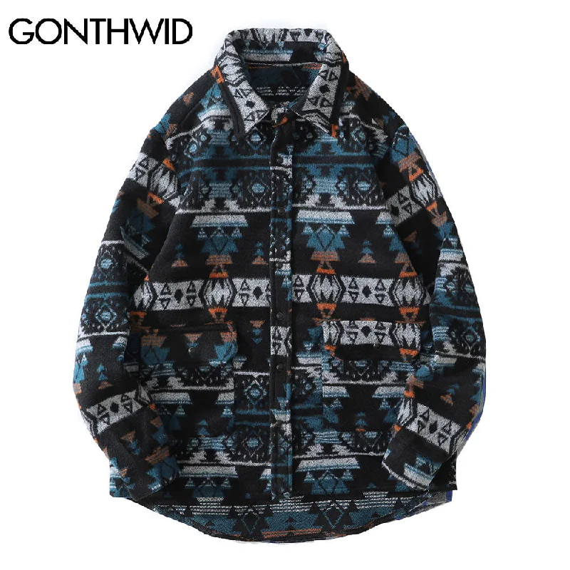 GONTHWID Thick Shirts Coats Streetwear Hip Hop Geometry Pattern Color Block Long Sleeve Shirt Jackets Men Harajuku Casual Shirts