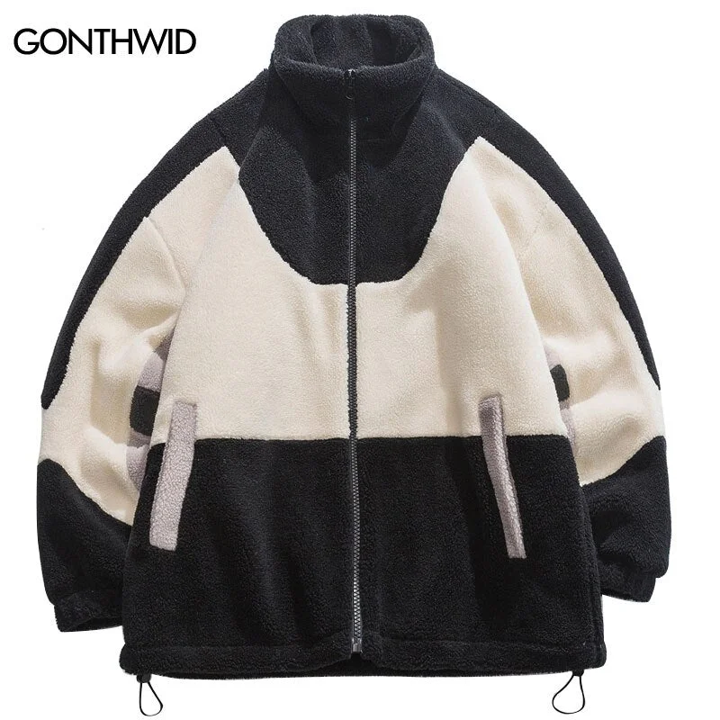 Harajuku Fuzzy Fluffy Lambswool Jacket Winter Parkas Men Color Block Patchwork Thick Warm Coat Streetwear Hip Hop Casual Outwear