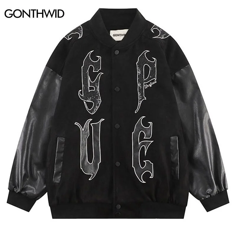 Hip Hop Baseball Jacket Embroidery Letter Leather Sleeve Patchwork Bomber Jackets Streetwear 2023 Autumn Casual Varsity Coats