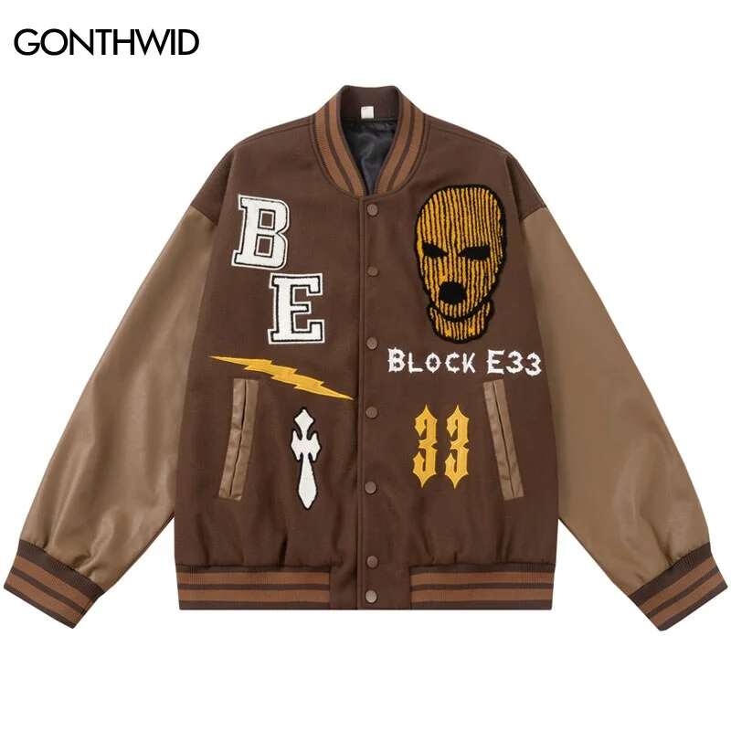 Hip Hop Baseball Jacket Streetwear Men Vintage Embroidery Letter PU Leather Sleeve Varsity Coats Harajuku Casual Jackets