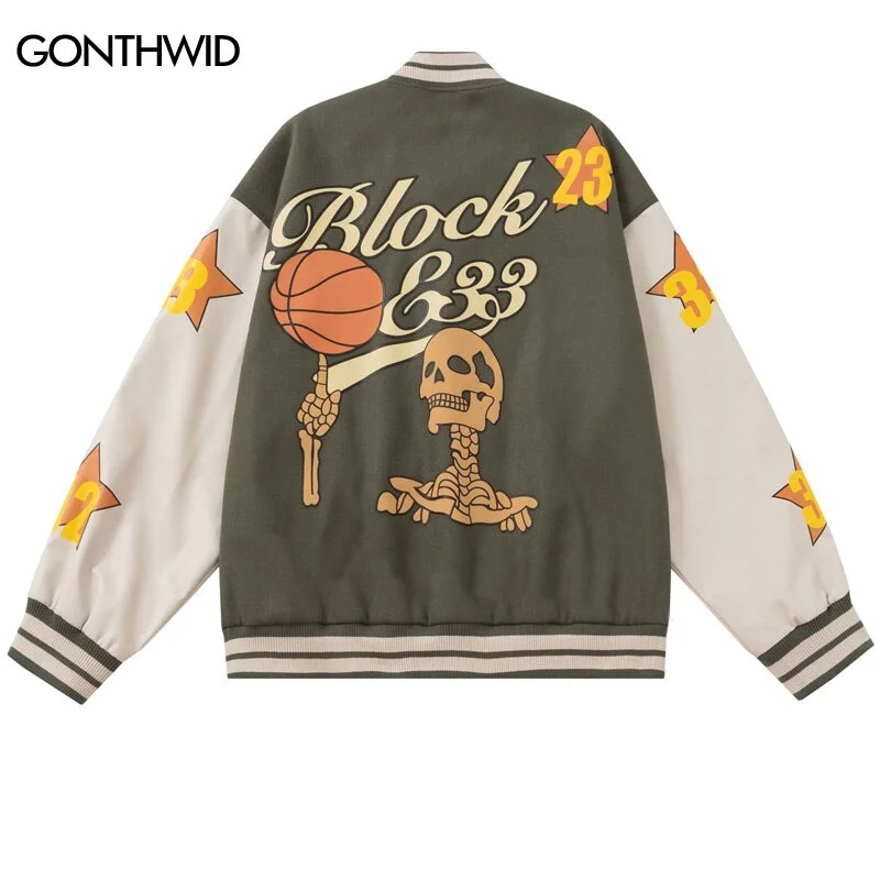 Hip Hop Baseball Jackets Funny Skull Print Varsity Bomber Windbreaker Jacket Streetwear 2023 Autumn Vintage Casual Jacket Green