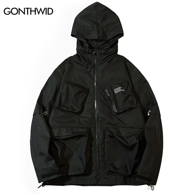 Hip Hop Cargo Jacket Streetwear Harajuku Multi Pockets Windbreaker Hooded Jackets Coat Casual Long Sleeve Zipper Coats