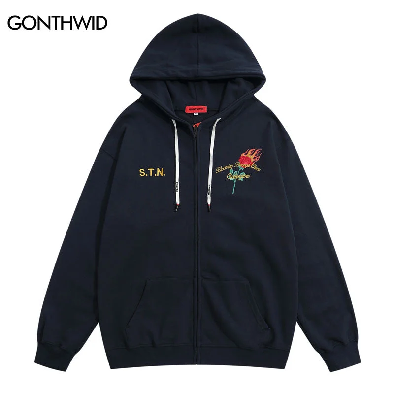 Hip Hop Hooded Sweatshirt Jacket Men Embroidery Rose Letter Zipper Hoodie Coat Streetwear 2023 Harajuku Casual Loose Jacket Male