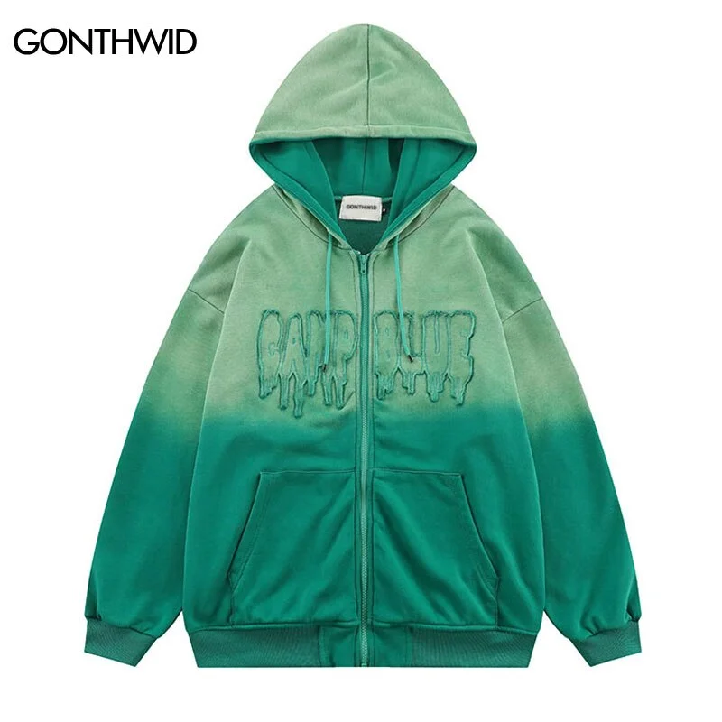 Hip Hop Hooded Sweatshirt Jacket Streetwear Harajuku Embroidery Letter Zipper Tie Dye Gradient Hoodie Coat Men Casual Jackets