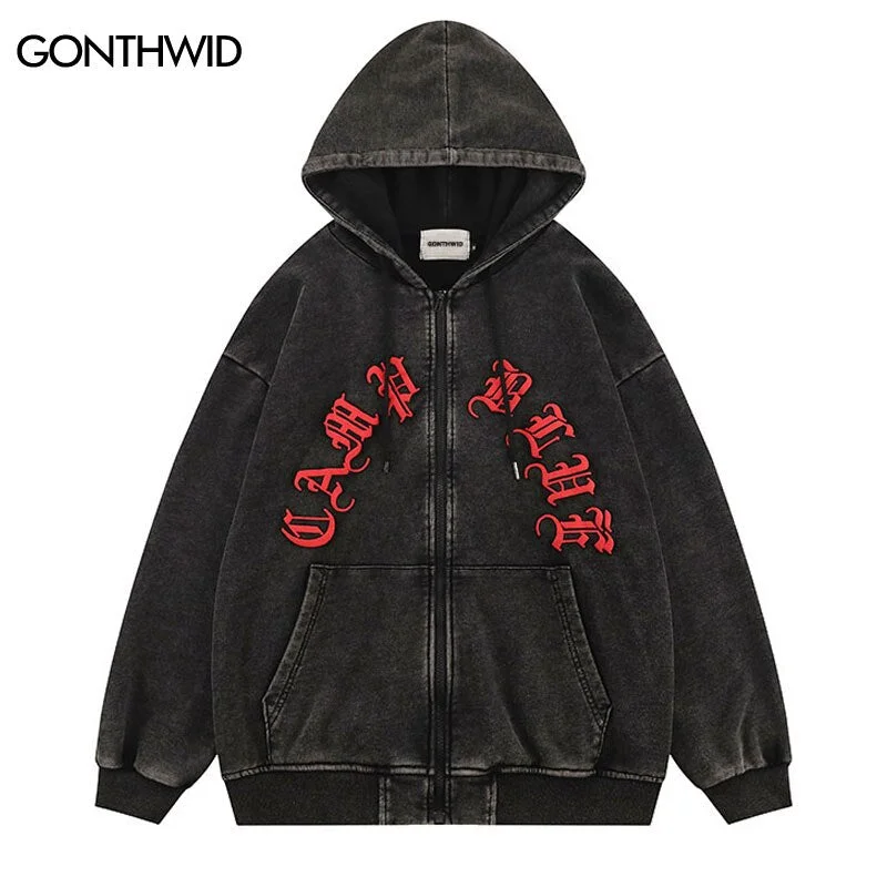 Hip Hop Hooded Sweatshirt Jacket Vintage Skull Letter Print Full Zip Up Hoodie Jackets 2023 Autumn Harajuku Casual Cotton Coats