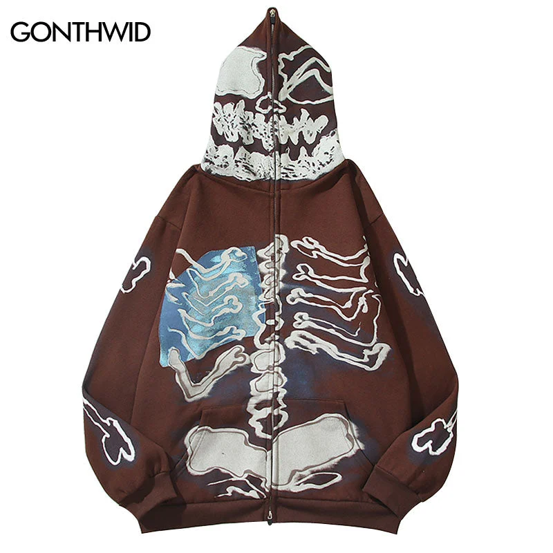 Hip Hop Hoodie Jacket Y2K Grunge Skull Skeleton Bones Print Emo Zip Up Hooded Sweashirts Harajuku Casual Punk Gothic Men Clothes