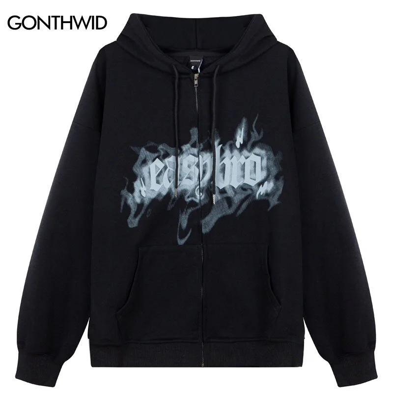 Hip Hop Hoodie Sweatshirt Grunge Y2K Mens Letter Print Zipper Hooded Coat Streetwear Harajuku Casual Punk Gothic Jacket