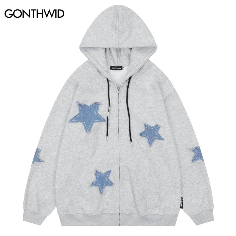 Hip Hop Hoodie Sweatshirt Jacket Y2K Streetwear Vintage Retro Star Patch Zip Up Hooded Streetwear Coat Men Harajuku Casual Loose