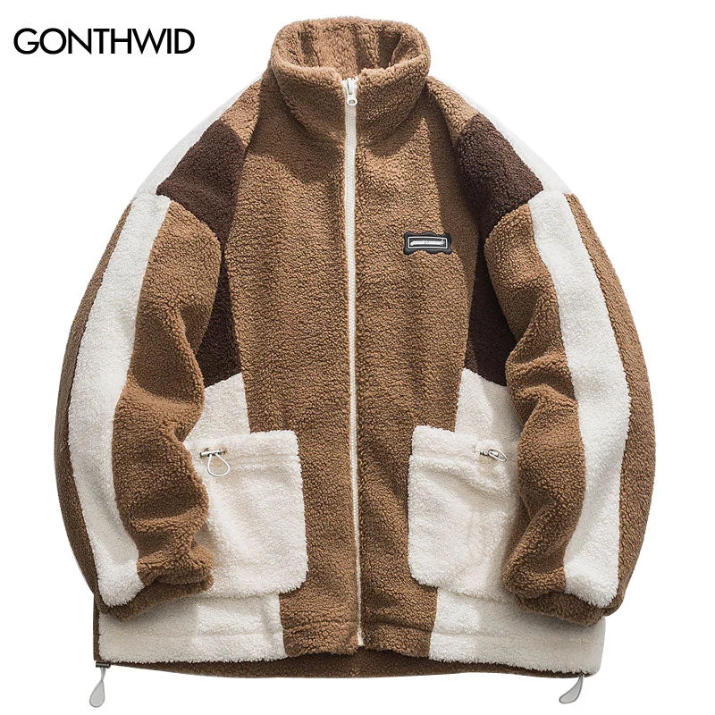 Hip Hop Men Parkas Jacket Streetwear Winter Color Block Patchwork Fuzzy Fluffy Thick Warm Coat 2023 Harajuku Casual Coat