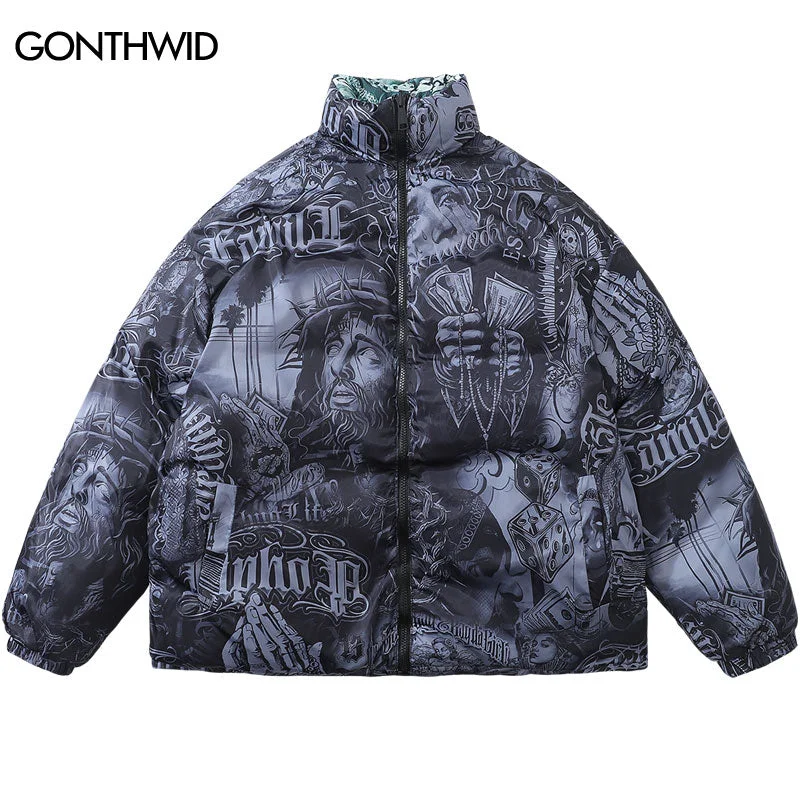 Hip Hop Reversible Jacket Men Parka Streetwear Winter Thick Warm Punk Gothic Oversized Coat 2023 Harajuku Fashon Casual Outdoor