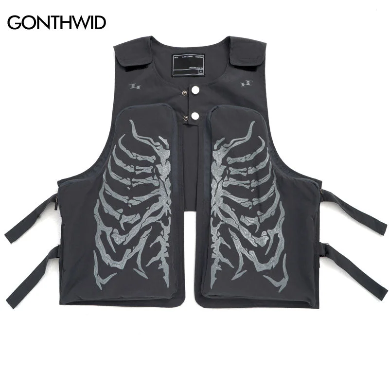 Hip Hop Sleeveless Vest Jacket Streetwear Skull Skeleton Print Zipper Punk Rock Gothic Vest Coat 2023 Mens Summer Casual Top