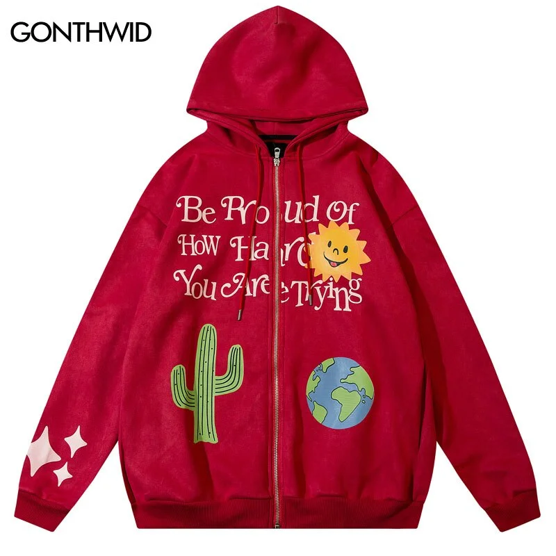 Hip Hop Suede Sweatshirt Hoodie Jacket Y2K Cactus Print Zip Up Hooded Coats Streetwear Harajuku Casual Zipper Jackets