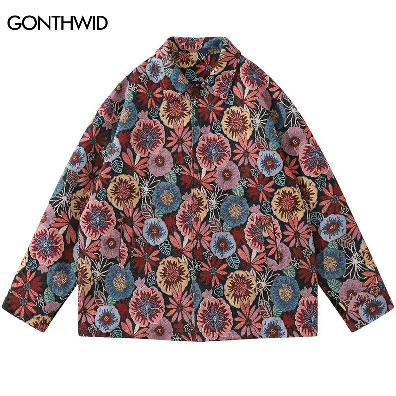 Hip Hop Thick Shirts Jacket Streetwear Vintage Floral Snap Button Shirt Mens Autumn Harajuku Casual Loose Shirts Coats