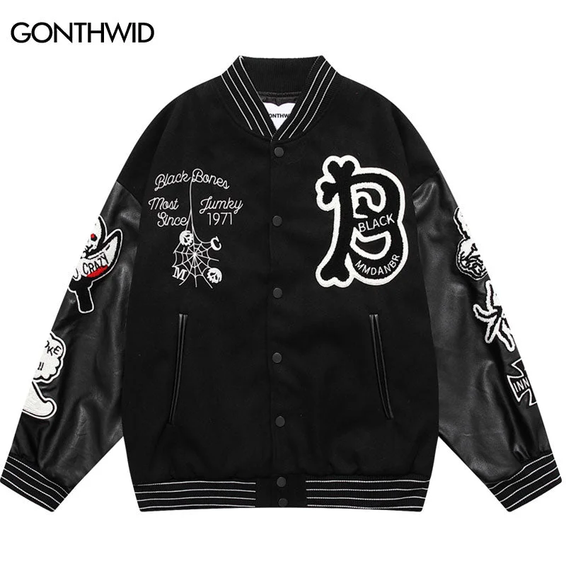 Hip Hop Varsity Baseball Bomber Jacket Streetwear Embroidery Furry Patchwork Color Block Jackets Harajuku Casual College Coat