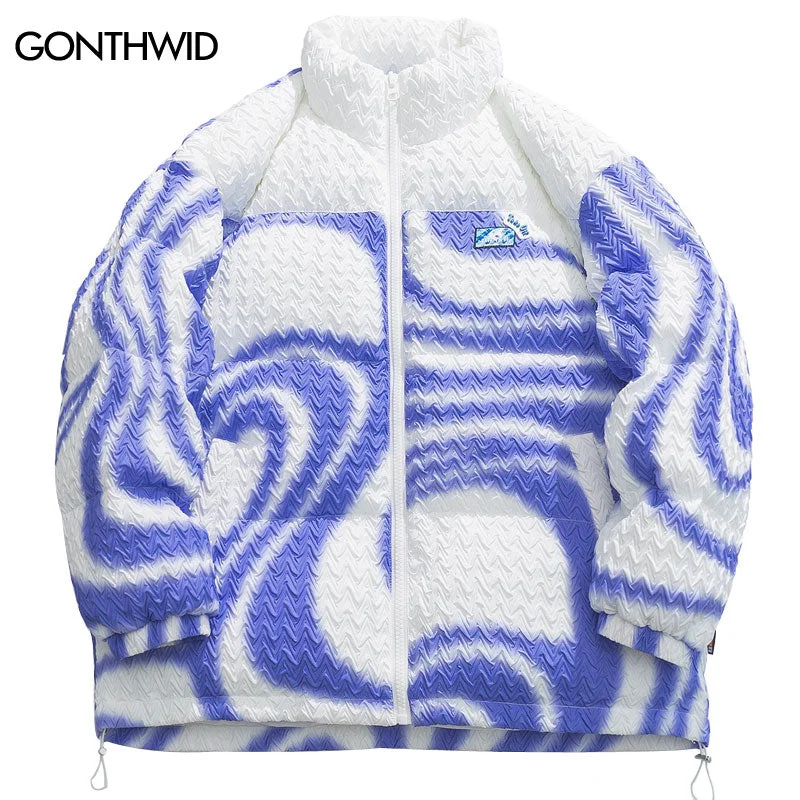 Hip Hop Warm Thick Parka Jacket Winter Tie Dye Stripes Color Block Parka Coat Streetwear Harajuku Casual Loose Outdoor