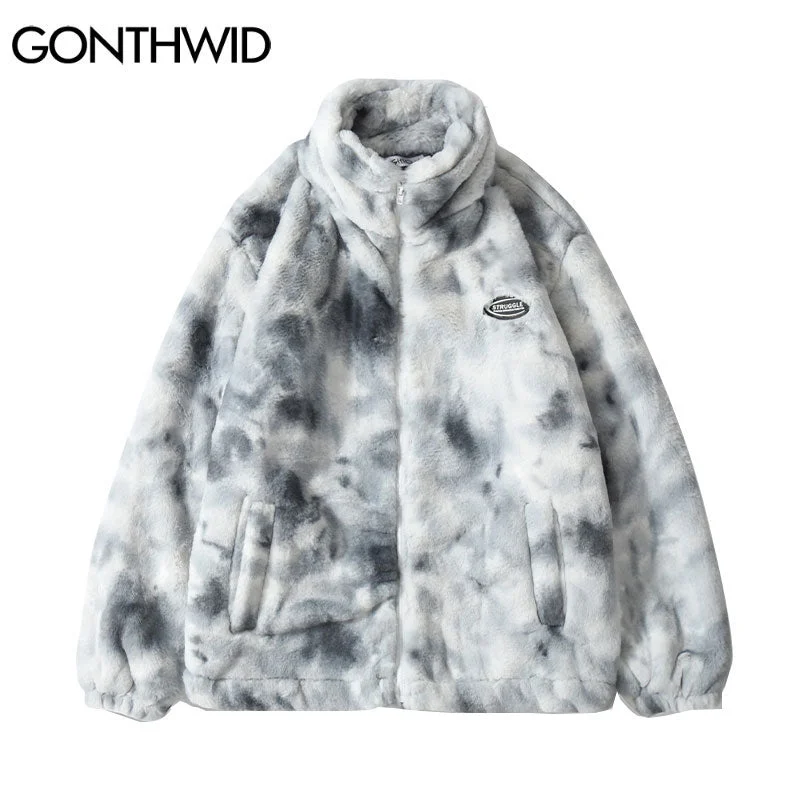 Hip Hop Winter Faux Fur Fleece Jacket Streetwear Men Harajuku Tie Dye Heart Fuzzy Jackets Warm Coats 2023 Casual Zipper Coats