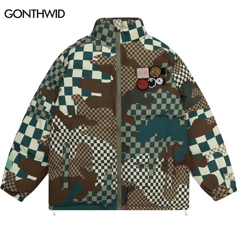 Hip Hop Winter Jacket Parkas Streetwear Men Plaid Color Block Thicken Warm Padded Jackets Harajuku Casual Coats Clothing