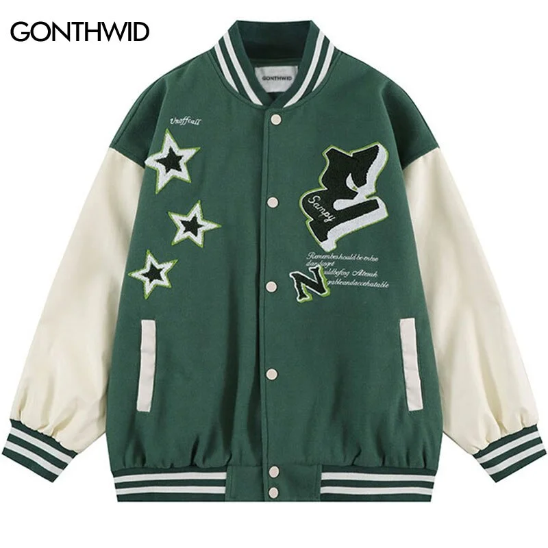 Men Baseball Jacket Streetwear Embrodiery Star Letter Leather Patchwork Varsity Bomber Jacket 2023 Autumn Casual Loose Coat Male