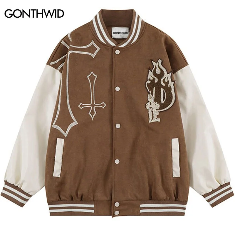 Men Baseball Jacket Streetwear Vintage Embroidered Letter BomberJacket 2023 Hip Hop Retro Casual Loose Patchwork College Coat