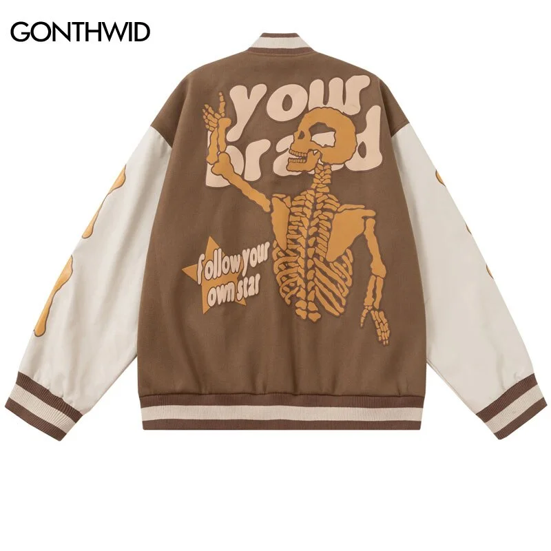 Men Baseball Jackets Streetwear Hip Hop Skull Letter Print Patchwork Varsity Bomber Jacket 2023 Autumn Casual Windbreaker Coats