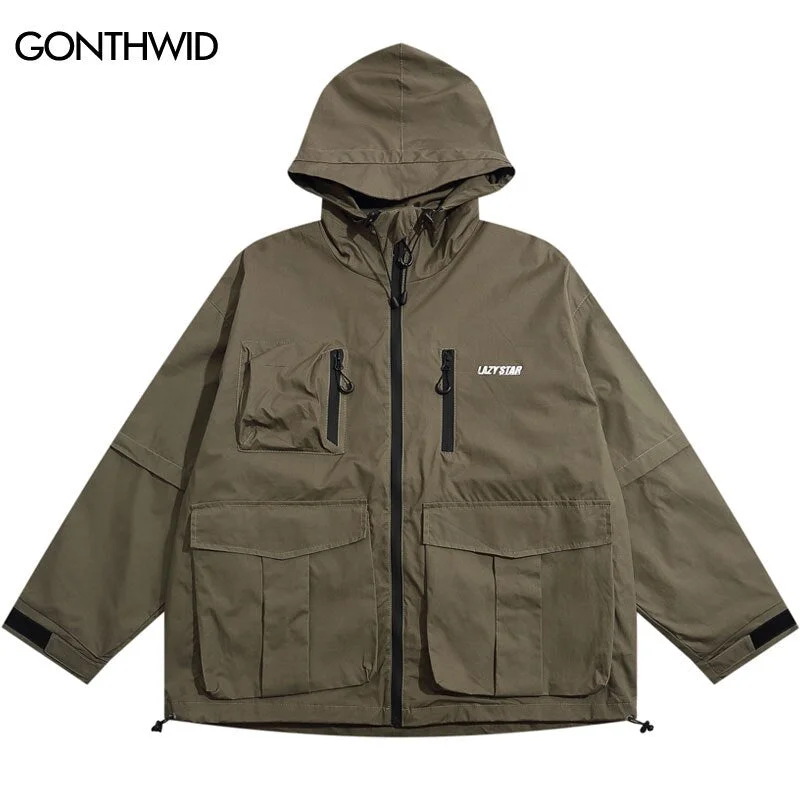 Men Cargo Hooded Jacket Autumn Multi Pockets Hiking Camping Windbreaker Waterproof Jackets Casual Zipper Coat Outdoor