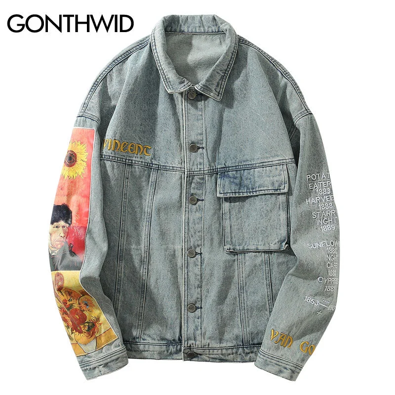 Men Denim Jacket Streetwear Hip Hop Embroidery Letter Van Gogh Patchwork Loose Jean Jackets Harajuku Casual Loose Jacket Blue