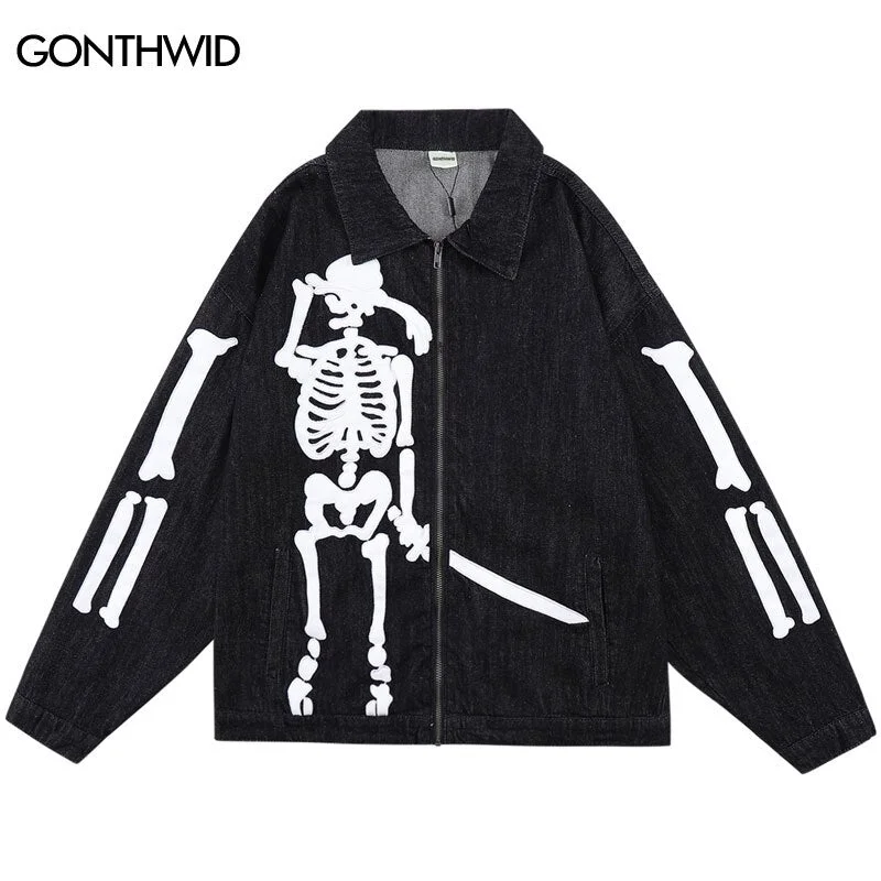 Men Denim Jacket Streetwear Hip Hop Embroidery Skull Skeleton Bone Patch Zipper Denim Coat Harajuku Casual Jean Jackets