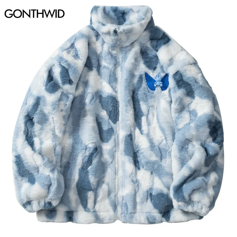 Men Faux Fur Jacket Streetwear Harajuku Embroidrery Tie Dye Fuzzy Fluffy Fleece Plush Coats Hip Hop Casual Loose Jackets