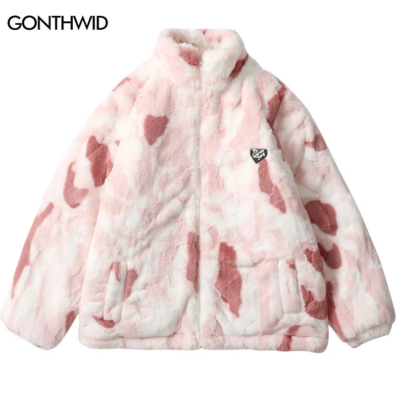 Men Faux Fur Parkas Winter Jacket Streetwear Tie Dye Fuzzy Fluffy Thicken Warm Padded Coats Hip Hop Harajuku Casual Coat