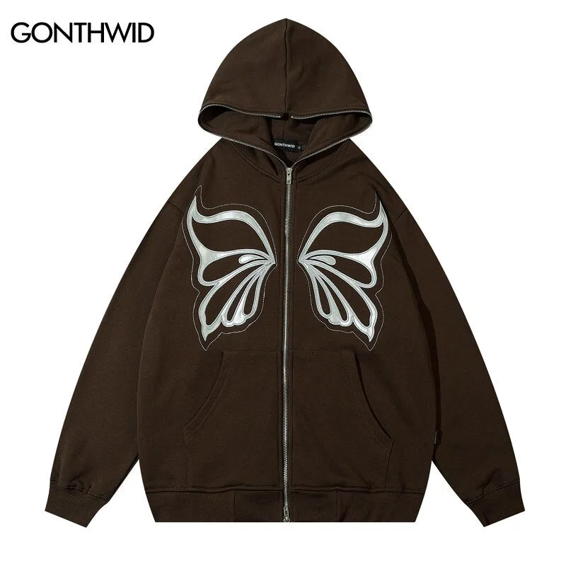 Men Hoodie Jacket Harajuku Embroidery Butterfly Bow Zipper Hooded Sweatshirt Coat 2023 Hip Hop Casual Cotton Streetwear Coats