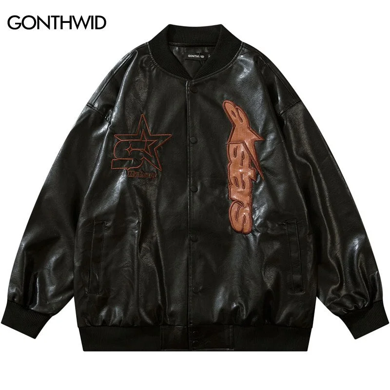 Men Leather Jacket Vintage Embroidery Letter Faux Leather Motorcycle Biker Bomber Jacket Hip Hop Casual Streetwear Black Brown