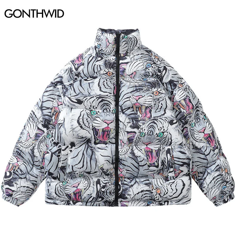 Men Reversible Jacket Parka 2023 Winter Thick Warm Oversized Coat Hip Hop Tiger Print Jackets Streetwear Casual Outdoor