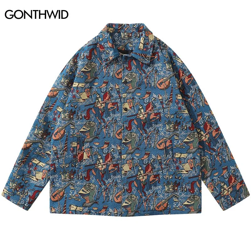 Men Thick Shirts Streetwear Vintage Retro Pattern Casual Loose Shirt Men Harajuku Casual Snap Button Shirts Coats Jacket