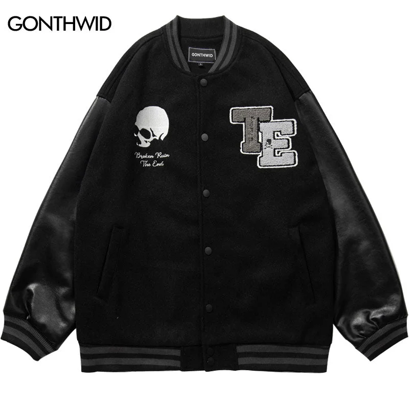 Men Varsity Baseball Jacket Hip Hop Embroidery Skull Rhinestones Skeleton Bomber Jackets Streetwear Harajuku Casual College Coat