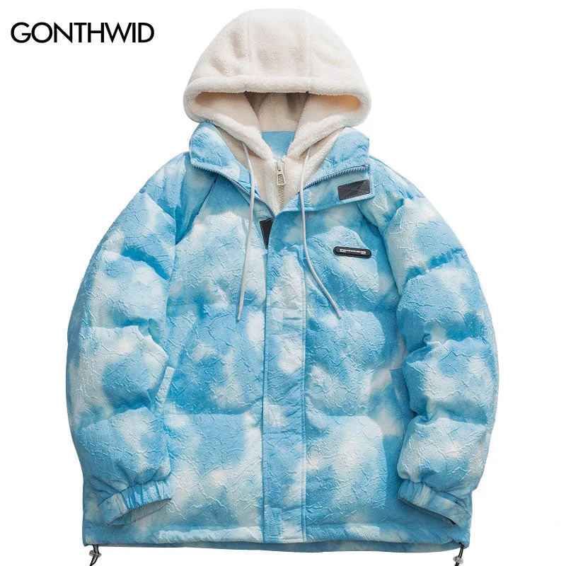 Men Winter Hooded Parka Jackets Streetwear Hip Hop Tie Dye Fuzzy Fluffy Hood Thick Warm Coats Harajuku Casual Outdoor