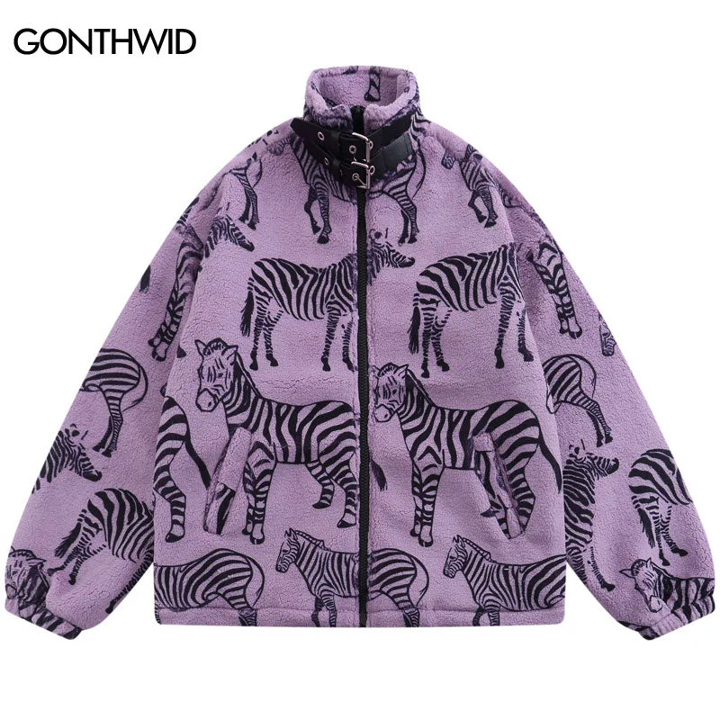 Men Winter Parkas Jacket Streetwear Hip Hop Zebra Print Fluffy Fuzzy Thicken Warm Coat 2023 Autumn Harajuku Casual Loose