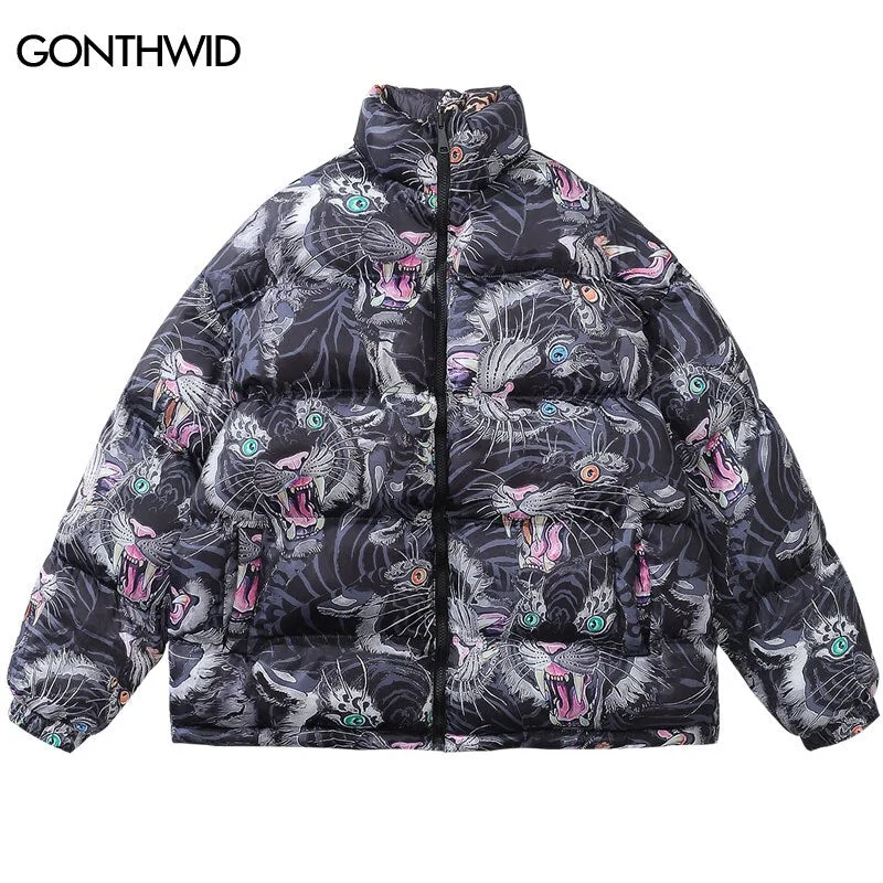 Men Winter Thick Warm Jacket Parka Streetwear 2023 Tiger Print Reversible Coats Hip Hop Harajuku Fashon Casual Oversized Outdoor