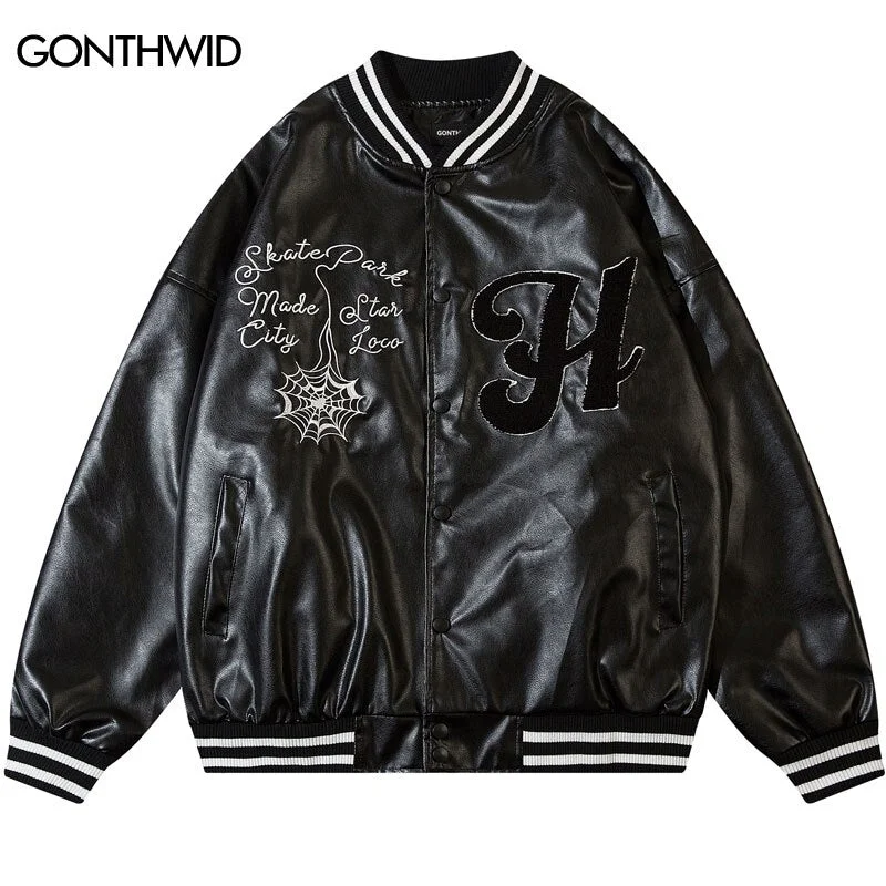 Mens Baseball Jacket Streetwear Embroidery Skull Letter Faux Leather Varsity Bomber Jacket 2023 Harajuku Casual Coats