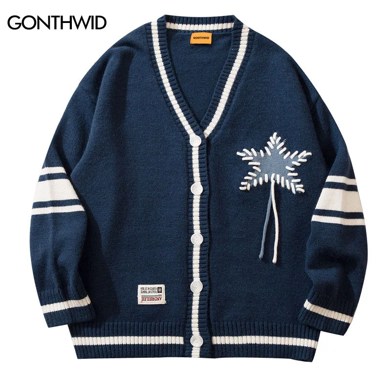 Mens Cardigan Sweater Streetwear Harajuku Star Striped Knitted Jumpers Sweaters 2023 Autumn Harajuku Casual Sweater Coats Jacket