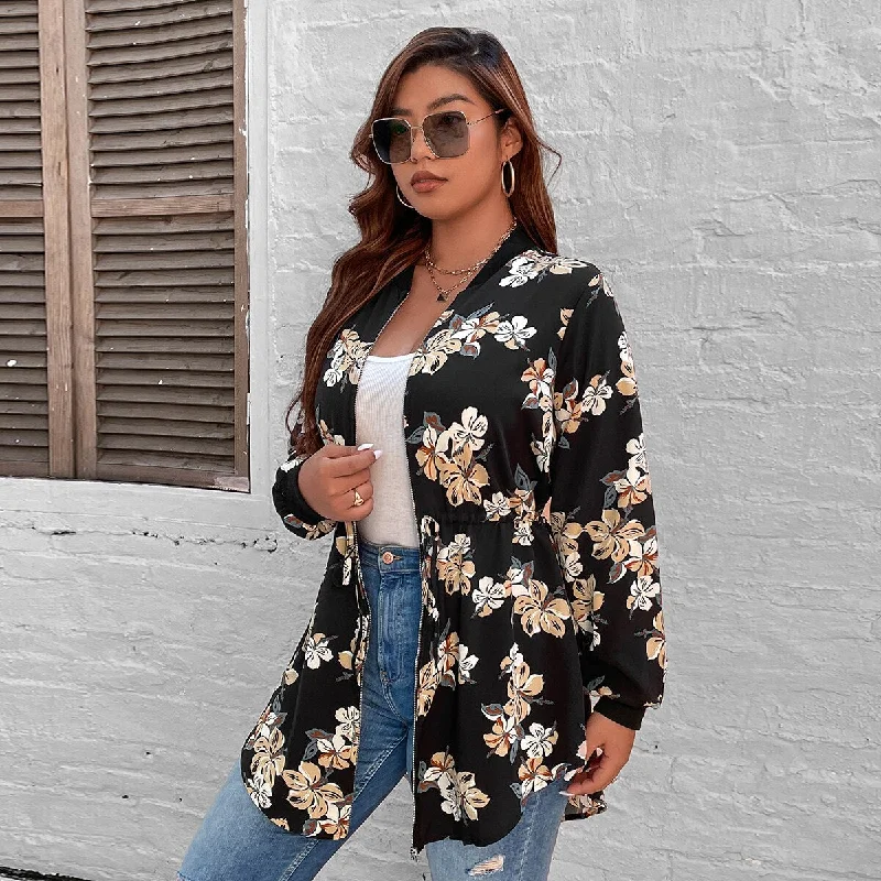 Plus Size 4XL Floral Print Black Trench Coats Women's Clothing Autumn 2023 Zipper Belt Oversized Casual Jacket